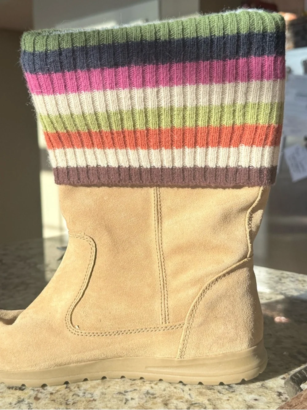 Coach Tan Suede Boot with Multicolor Striped Knit Cuff - Picture 2 of 4
